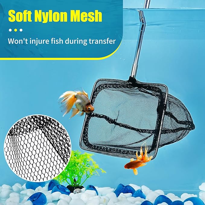 AQUANEAT Aquarium Net with Extendable Long Handle, Adjustable Wastes Skimming Cleaning Tools for Fish Tanks, 4 inch