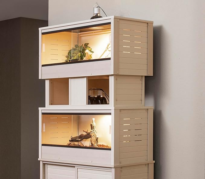 New Age Pet ECOFLEX Two Medium Reptile Enclosures with Matching Stacker and Cabinet Stand Set in Maple