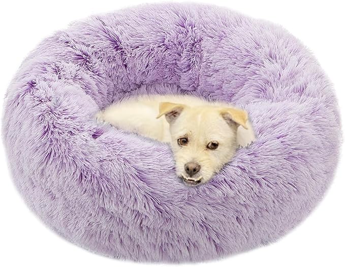 Calming Dog Bed X-Large, Soft Round Cuddler Dog Beds Fluffy Plush Faux Fur Pet Beds, Anit-Anxiety Self-Warming Comfy (32", Purple)