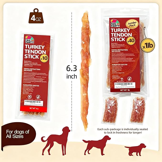 TailParty Turkey Tendons for Dogs, 1 lb, Dog Training Treats, Natural Long-Lasting Chew Snacks, High-Protein Beef Tendons, Healthy Hypoallergenic Turkey Strips, Jumbo Pack(40 Units/Pack)