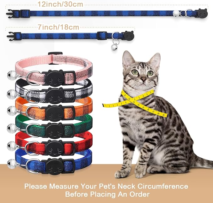 6 Pack Classic Plaid Cat Collars with Bells - Breakaway Kitten Collar and Adjustable 7-12in,Cute Kitty Collar for Girl Boy Cats,Pet Gifts,Accessories,Supplies,Stuff