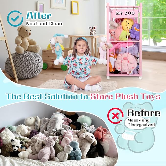 Stuffed Animal Storage Zoo with Wheels, Wooden Stuffed Animal Organizer with Elastic Cords, Space Saving Toy Plushies Storage Holder for Playroom, Bedroom, Living Room(Pink, Small)