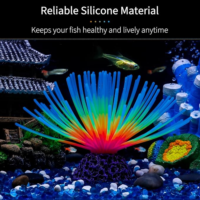 Uniclife Aquarium Imitative Iridescent Blue Sea Urchin Ball Artificial Silicone Ornament with Glowing Effect for Fish Tank Landscape Decoration