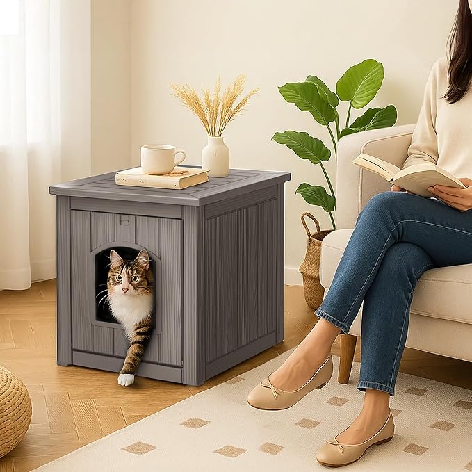 DRATO Outdoor Cat House -Weatherproof Resin Cat Houses for Outdoor Cats, Durable, Easy Assembly,cat igloo outdoor，Durable & Insulated Shelter for Garden, Patio, or Backyard（Grey，18.46*23.62*21.42）