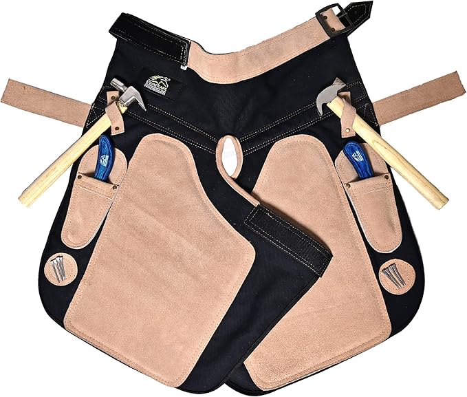 Equine Care Farrier Apron Chaps for Men 25" Cowhide Suede Leather & Canvas, Adjustable 28"-52" Waist, 2 Hammer Loops, Hoof Knife Pockets & Nail Magnets, Air Mesh, Farrier Tools for Hoof Trimming.
