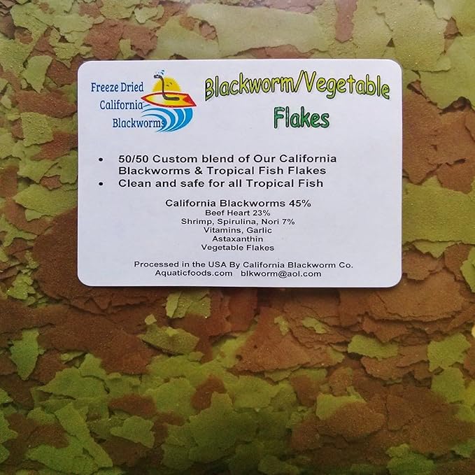 Aquatic Foods Inc. Flakes - 45% California Blackworm & Vegetable Flake Mix for Discus, Cichlids, Tetras, Guppies, Live Bearers, Pond Fish, All Community Tropical Fish Premium AF Flakes - 1/2-lb