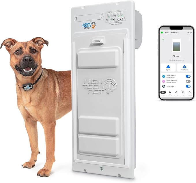 Power Pet Automatic ROLL UP Door by High Tech Pet Brand - Motorized Panel Rolls Up - Pet Operated - Remote App Control - 24/7 Exit & Entry Timers (Medium, Door Mount)