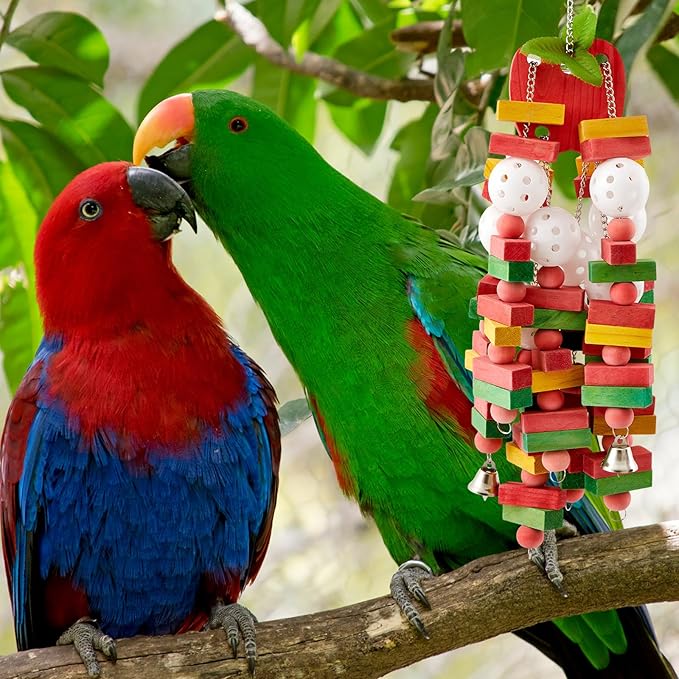 3 Pcs Extra Large Bird Parrot Toy Multicolored Natural Wooden Parrot Cage Chewing Toys for Large Medium Macaws Cockatoos African Grey Birds (Block and Ball)