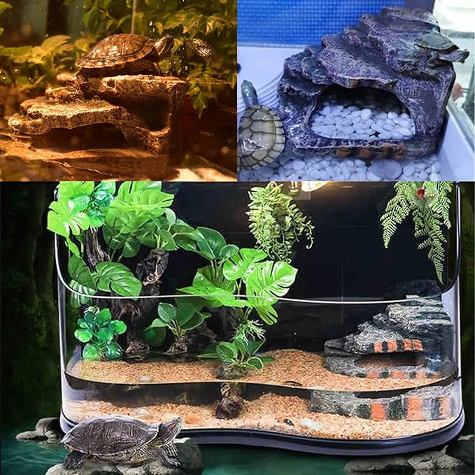 kathson Turtles Basking Platform Reptile Hiding Cave Hideouts for Aquatic Turtles, Frog, Newts and Salamanders