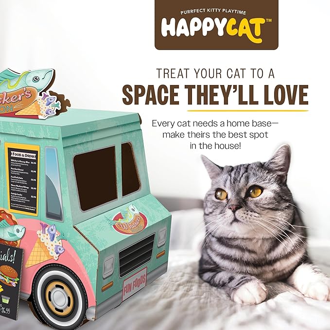 HappyCat Whisker’s Wagon Cat Scratcher House - Vintage Cardboard Cat Playhouse with Scratch Panels & Spacious Hideaway. Cute Pet Toys - Durable Activity Center for Indoor Cats