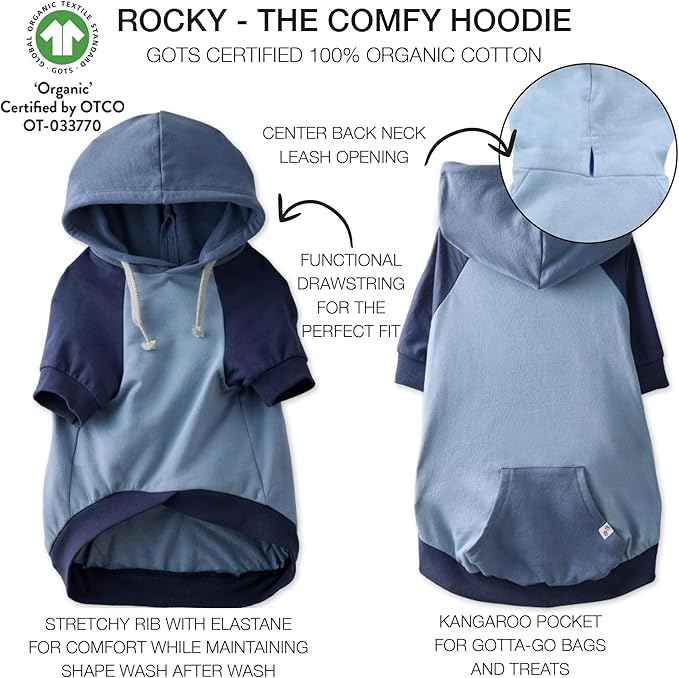 Rocky – The Orginal Lightweight Hooded TEE 100% Organic Cotton Dog Hoodie Pet Coat Sweater for Small, Medium, Large Dogs, Navy Color Block, XX-Small