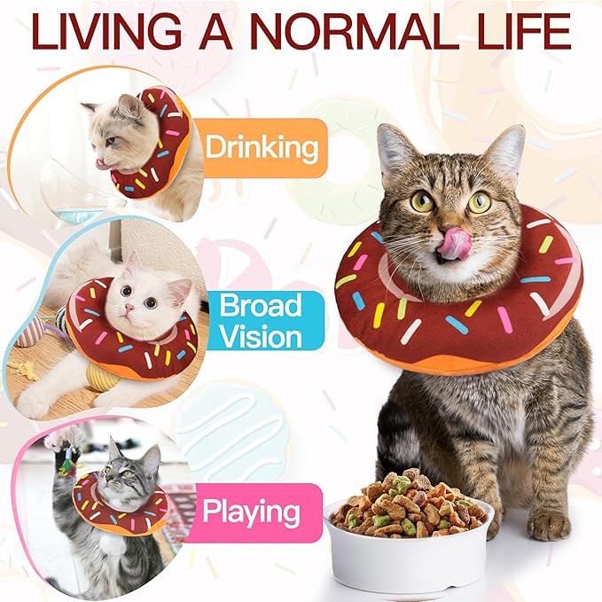 Cat Cone Collar Soft, Cute Cat Donut Collar After Surgery, Adjustable Kitten Recovery Cones to Stop Licking, Lightweight Neck Elizabethan Collars for Cats Kittens (Brown, Large)