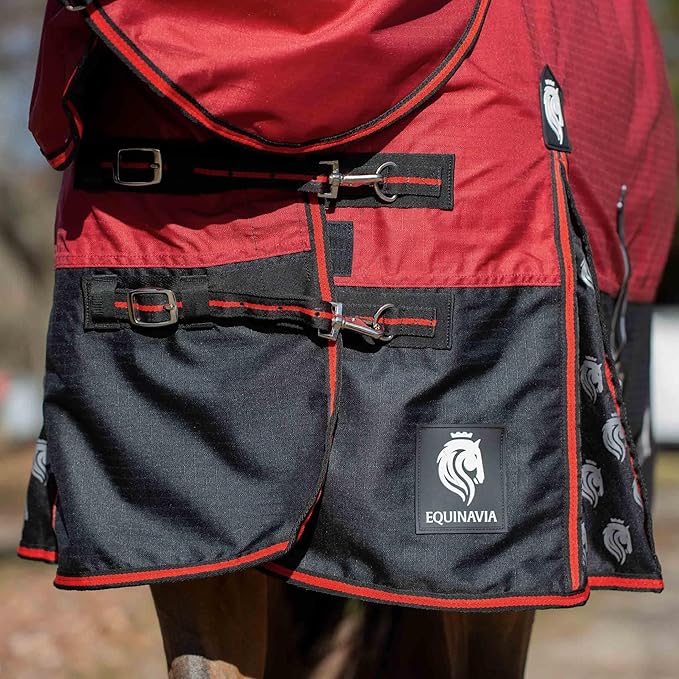 Equinavia Norse Lightweight 100g Fill Horse Rain Blanket | Waterproof Turnout Sheet - Black - 66 in - Equestrian Red - 69 in