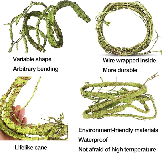 kathson 3 PCS Reptile Vines Plants Flexible Bendable Jungle Climbing Vine Terrarium Plastic Plant Leaves Pet Tank Habitat Decor for Bearded Dragons Lizards Geckos Snakes Frogs and More Reptiles