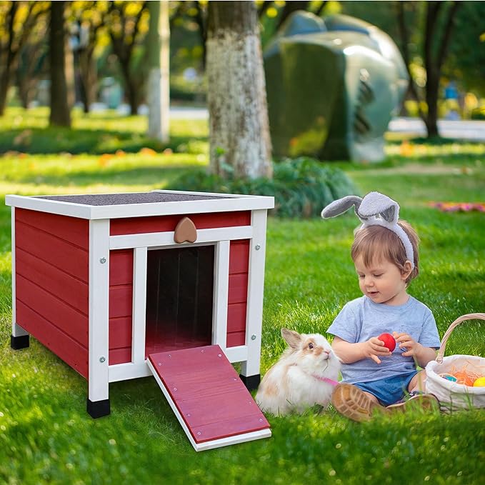 Rockever Outdoor Cat House,Outdoor cat Houses for Feral Cats Weatherproof Rabbit Hutch Small, Wooden Small Pet House and Habitats-Red
