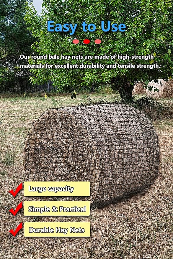5 * 5ft Heavy Duty Slow Feeding Horse Hay Net - 1.75-inch knotless Design Saves 60% hay, 800 lbs Weatherproof Round Bale Feeder for Cattle/Goats/Sheep (5ft)