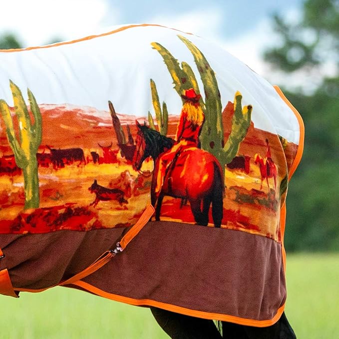 Jeffers Expression Fleece Cooler for Horses, Standard Neck, Cattle Drive 69"- Equine Towel Blanket, Moisture Absorbent, Light Weight, Best for Drying, Exercise, Bathing, Adjustable Belly Bands