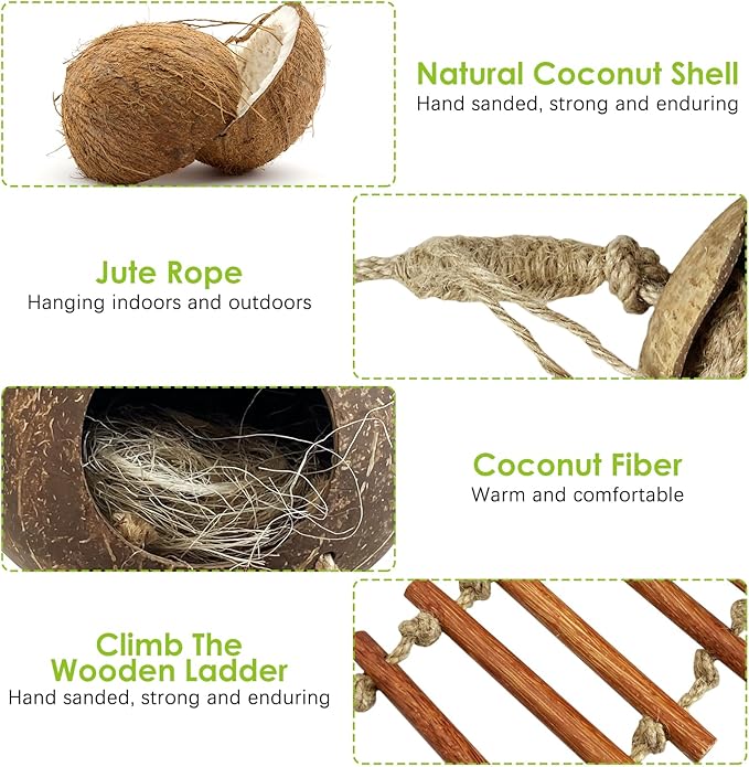 Tfwadmx Coconut Bird Nest Hut with Ladder Natural Coconut Fiber Shell Hanging Coco Birds House Parrot Cage Decor for Parrot Parakeet Lovebird Finch Canary