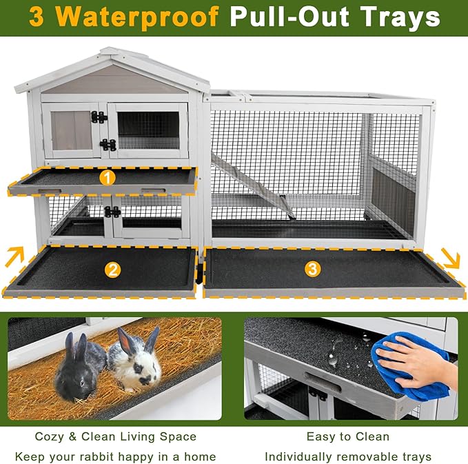 PetsCosset Rabbit Hutch Outdoor Indoor Bunny Hutch with Run 2-Story Large Rabbit Cage on 6 Wheels, 3 Leak Proof Trays, Ramp, Waterproof Roof for Small to Medium Animals, Expandable Design