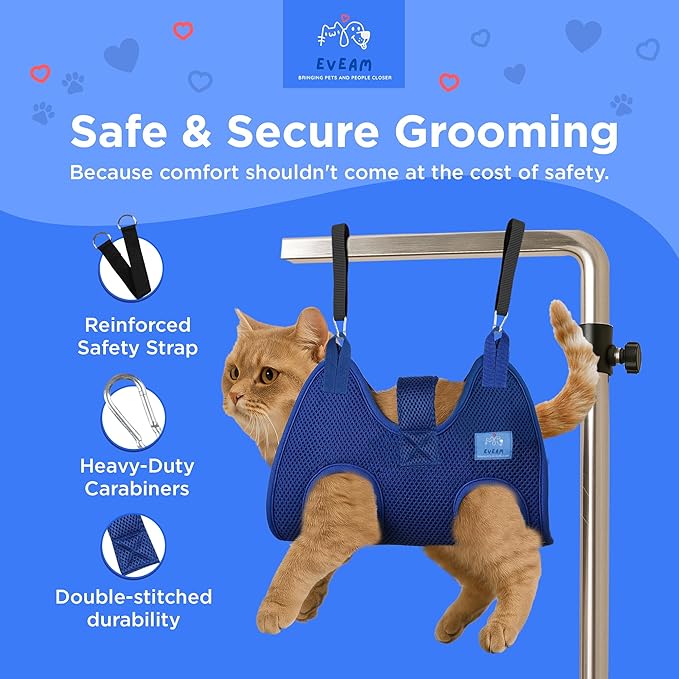 Pet Grooming Hammock for Cats & Small Dogs – Nail Clipping Kit with Sling, Clippers, File, Glove, Straps & Carabiners – Ideal for Trimming & Ear Cleaning – [S/XS] (Blue, Small)