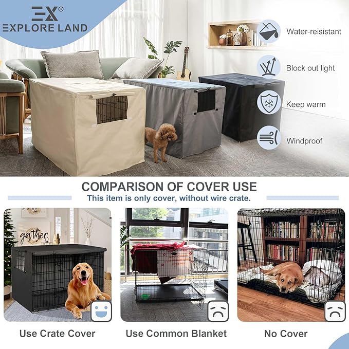 Explore Land Dog Crate Cover Heavy Duty Polyester Pet Kennel Sunshade Universal Fit for 24 inches Wire Cage (Black)
