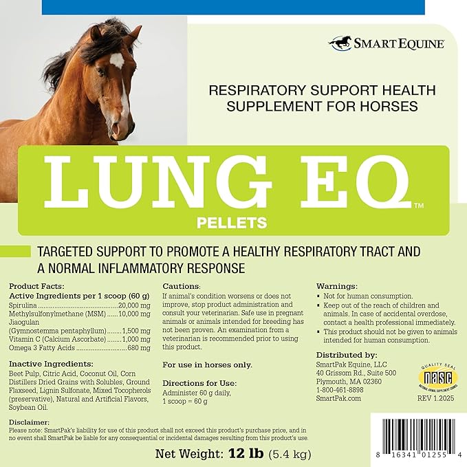 SmartEquine Lung EQ Pellets for Innovated Respiratory Support | Horse Health | Spirulina for Horses with Antioxidants, Herbs, Minerals | Equine Pellet for Respiratory Support | 12 LB