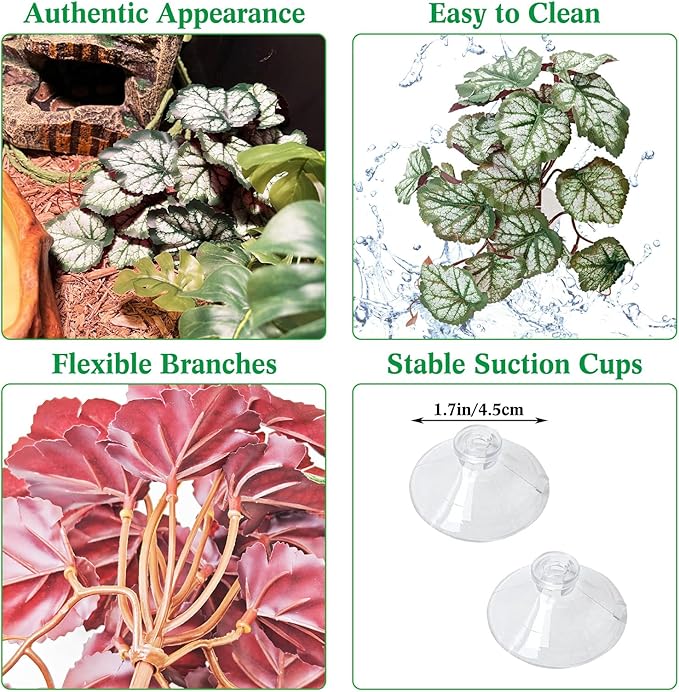 VCEPJH Reptile Plants with Suction Cup Amphibian Habitat Decor 2 Pcs Artificial Leaves for Terrarium Decor Crested Gecko Tank Accessories for Bearded Dragon, Lizard, Snake (Red Saxifrage)