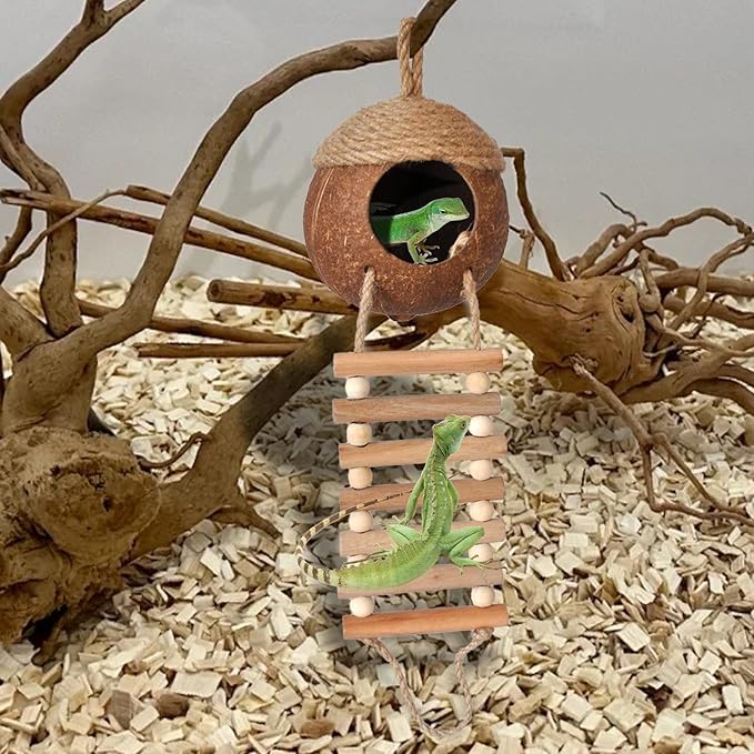 Lizard Coco Den with Ladder,5PCS Leopard Gecko Tank Accessories Reptile Terrarium Plants Hammock Coconut Hut Hide Hanging Reptile Decor for Crested Gecko,Baby Bearded Dragon,Chameleon,Snake