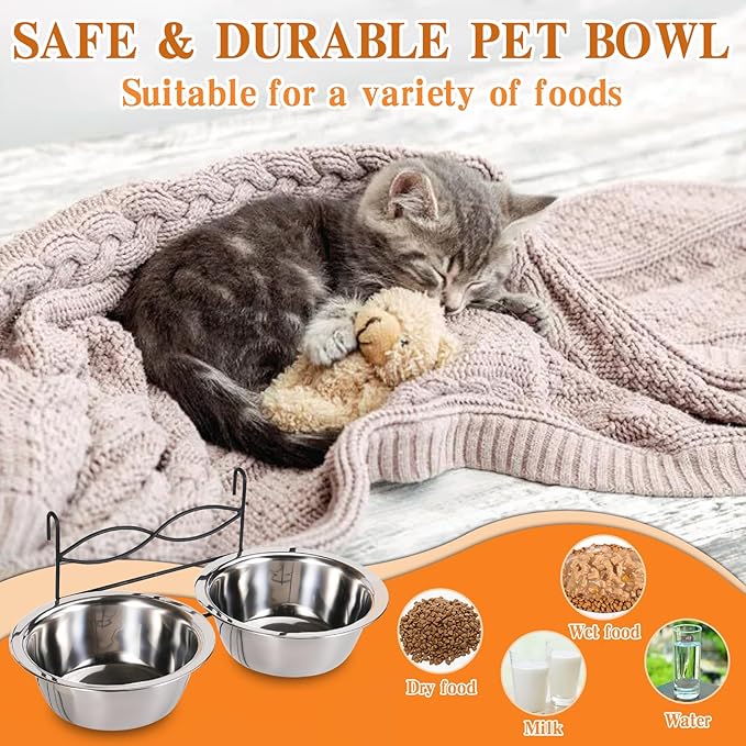 kathson Stainless Steel Bird Bowls for Cage, 2 PCS Metal Pet Food Water Dishes with Holder Feeder Cage Coop Hook Feeder Cups for Birds, Parrots, Small Sized Dogs and Cats (6.7 Inch Dia)
