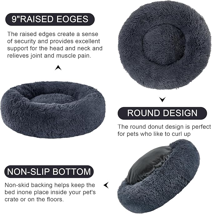 Dog Calming Beds for Small Medium Large Dogs - Round Donut Washable Puppy Dog Bed, Anti-Slip Faux Fur Fluffy Donut Cuddle Anxiety Cat Pet Bed(24" Dark Grey)