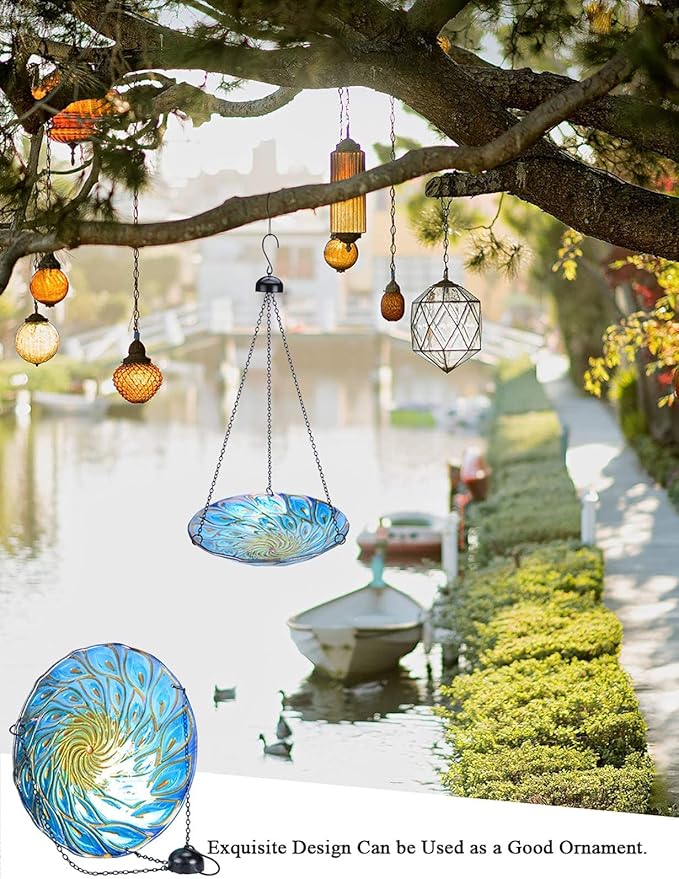 MUMTOP 11 inch Hanging Bird Bath Glass BirdBath Peacock Outdoor Birdfeeder for Garden Yard Decoration