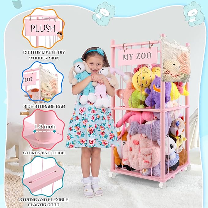 Stuffed Animal Storage Zoo with Wheels, Wooden Stuffed Animal Organizer with Elastic Cords, Space Saving Toy Plushies Storage Holder for Playroom, Bedroom, Living Room(Pink, Small)