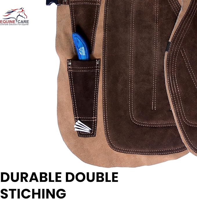 Equine Care Farrier Apron Chaps – Cowhide Suede Leather, Foam Padded Thigh and Back Support, Adjustable Waist, Tool Pockets, Magnetic Nail Holders (23 inches (59 cm))