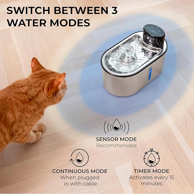 Wireless Cat Water Fountain Stainless Steel 108oz/3.2L, Cordless, Battery Operated Cat Fountain (Last up to 50 Days), Ultra Quiet, 2 Flow Modes, Multi-Filtration, BPA Free, Includes 2 Filters - Black
