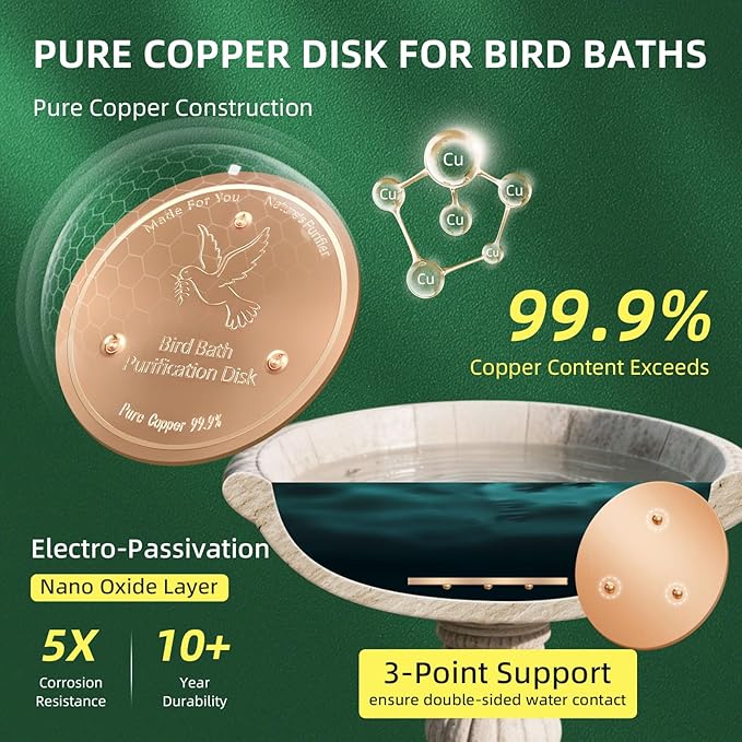 Bird Bath Copper Disk, Pure Copper Bird Bath Purification Disc, Save Cleaning Time, Chemical Free,Safe Natural Solution for Birdbaths Bowls&Waterfall Fountain, Year-Round Use (3 pcs)