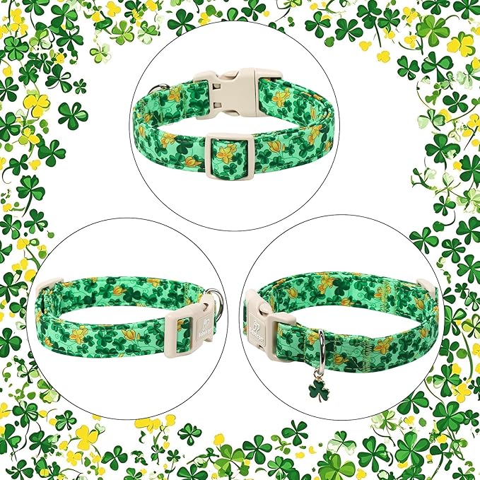 St. Patrick's Day Dog Collar for Medium Dogs - Green Shamrock & Yellow Flower Print Dog Collars, Cute Irish Party Puppy Collar, Lightweight Adjustable St. Patricks Day Pet Collars M