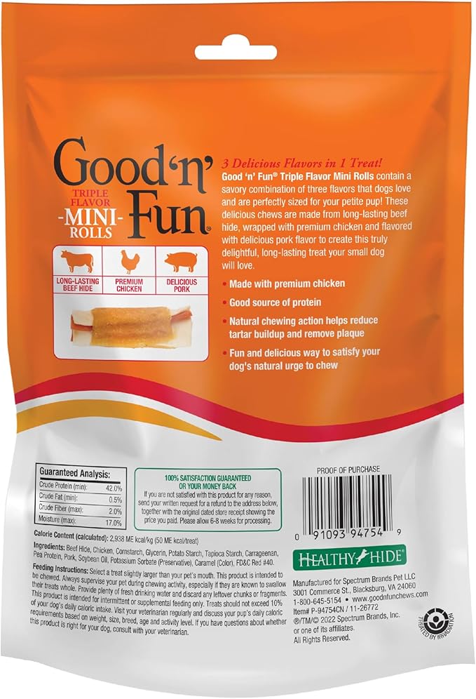 Good 'n' Fun Triple Flavor Mini Rolls, 8 Ounce, Treat Your Small Dog to a Long-Lasting Rawhide Chews