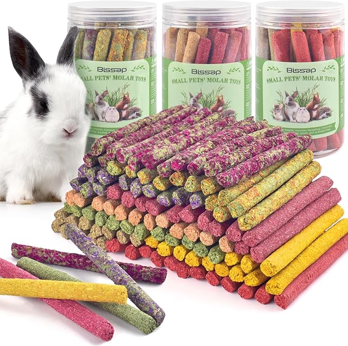 Bissap 108PCS Rabbit Chew Sticks, Mix Natural Timothy Hay Oat Carrot Beet Rose Dahlberg Daisy Myosotis Pumpkin Strawberry Bunny Chews Toy Treat for Chinchilla Guinea Pig Hamster Small Pet Molar Snack