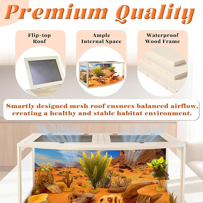 PROLEE Bearded Dragon Tank, Curved Reptile Enclosure with 3-Side Clear Acrylic Panels, Spacious Lizard Tank with Metal Mesh Top and Lockable Door for Reptile Habitat (Oak, 32" Length,34 Gallons)