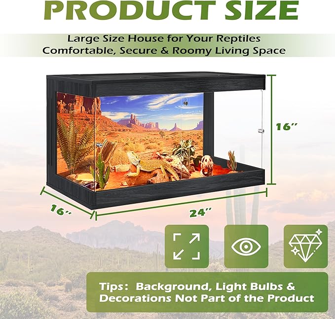 Royxen Bearded Dragon Tank, Tempered Glass Reptile Terrarium with Metal Mesh Top, 3-Side Clear Anti-Scratch Glass Lizard Tank for Reptile Habitat (Black, 24 Gallons,24" Length)