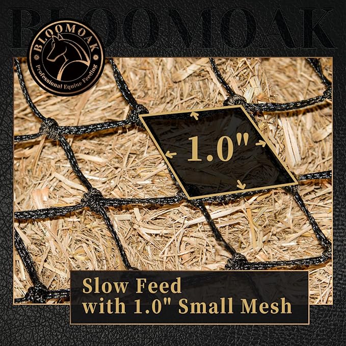 Bloomoak Slow Feed Hay Net for Horses, 40" Hay Bag with 1 inch Hole for Horse and Goat, Heavy Duty PE,Easy Fill with Rings…
