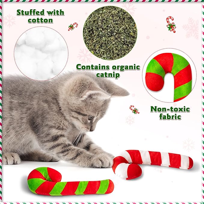 MALLMALL6 4Pcs Christmas Candy Cane Catnip Toys Gift for Cat, Indoor Kitten Chew Bite Kick Catmint Pet Toys Supplies for Cat Lover Xmas Gifts, Cute Interactive Kitty Toy for Pet Presents