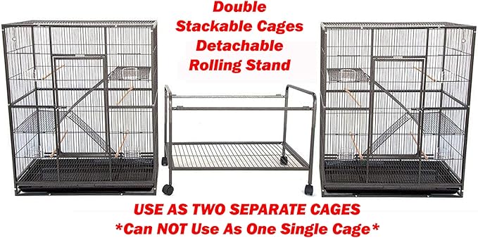 X-Large Double Stacker Wrought Iron Cage Bird Flight Parrot Breeding Breeder Cage Side Breeding Door Easy Clean Pull Out Tray Removable Rolling Stand Cockatiel Conure Canary Aviary Finches Budgies