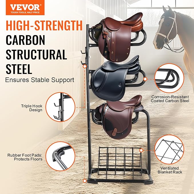 VEVOR Freestanding Saddle Stand, 30 x 30 x 68.5 in, 3 Tiers Saddle Rack, Heavy Duty Saddle Blanket Holder with Removable & Rotating Tiers, English & Western Saddle Rack for Tack Room Organization