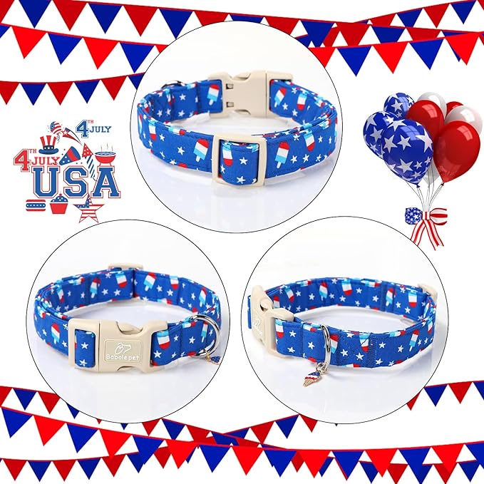 4th of July Dog Collar, Summer Popsicle Patriotic Dog Collars for Puppy Small Dogs, Adjustable Lightweight Quick-Release Buckle Collar for Boy&Girl Dogs XS