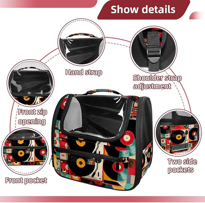 Color Record Player Pattern Traveler Backpack Pet Carriers for Cats and Dogs