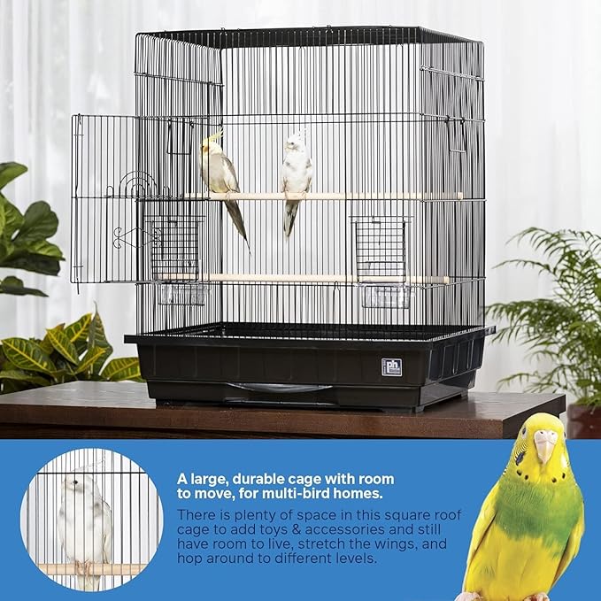 Artisanal Attic Square Roof Bird Cage with Unique Square Roof Design, Durable Construction, Spacious Interior White