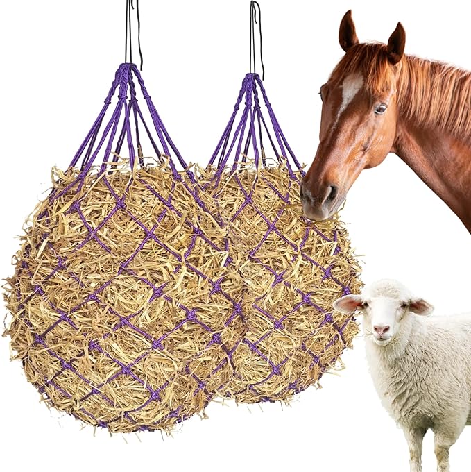 2PCS Hay Nets for Horses,2.36"x2.36" Holes 40”Horse Hay Feeder Net for Slower Feeding,Strong Load-Bearing Hay Bag Hanging for Horse Stable Trailer (Purple)