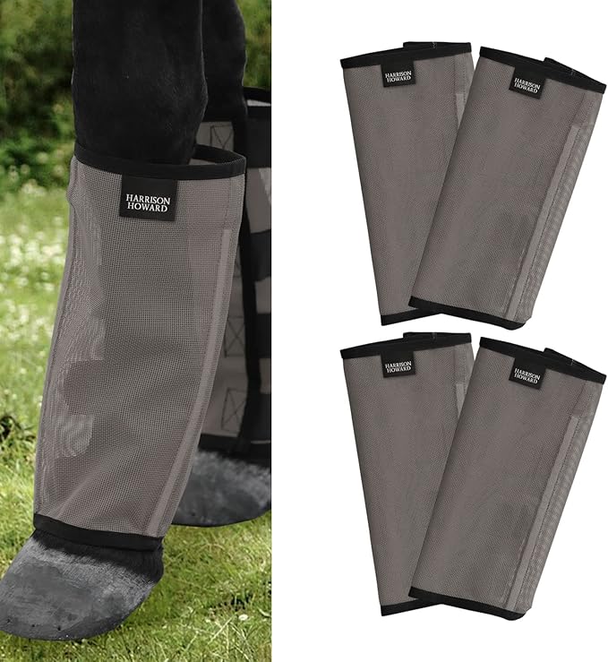 Harrison Howard Loose Fitting Fly Boots UV-Protective Extra Tough Mesh Ventilated Four Fasteners Stay-on Design Protect Horse Legs & Stomp-Reducing Set of 4 Dark Grey Mini