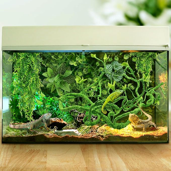 Bearded Dragon Tank Accessories for Habitat, Terrarium Hanging Plants Artificial Leaves Reptile Hide, Leopard Gecko Tank Accessories Hide Terrarium Decor for Lizard Geckos Chameleon Snake